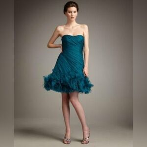 THEIA Silk Teal Strapless Mini Cocktail Dress Sz2